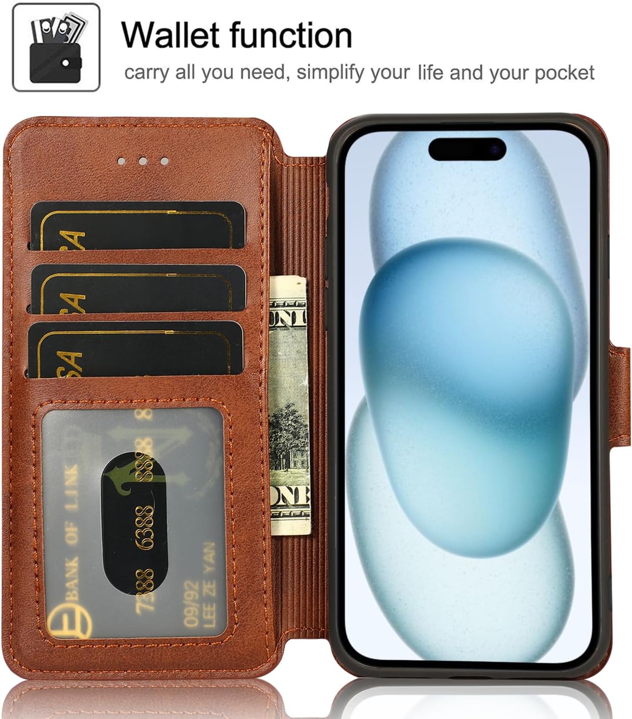 QLTYPRI Case for iPhone 16e Premium PU Leather Simple Wallet Case Card Slots Kickstand Magnetic Closure Shockproof Flip Cover for iPhone 16e - Brown - Image 2