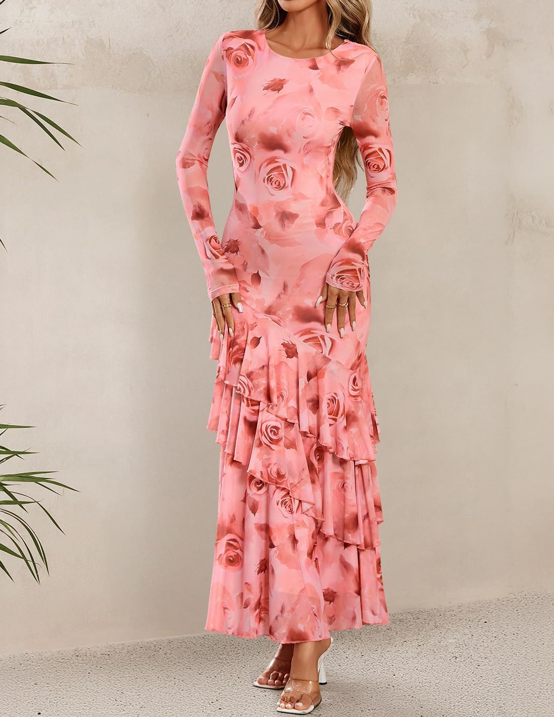 ZESICA Women's Spring Floral Wedding Guest Bodycon Dresses 2026 Long Sleeve Crewneck Mesh Ruffle Mermaid Party Maxi Dress - Image 3