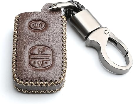 Leather for Toyota 4Runner Avalon Camry Corolla Land Cruiser Venza RAV4 Subaru BRZ Remote 3 Buttons Key Case Holder Cover Fob Chain Brown