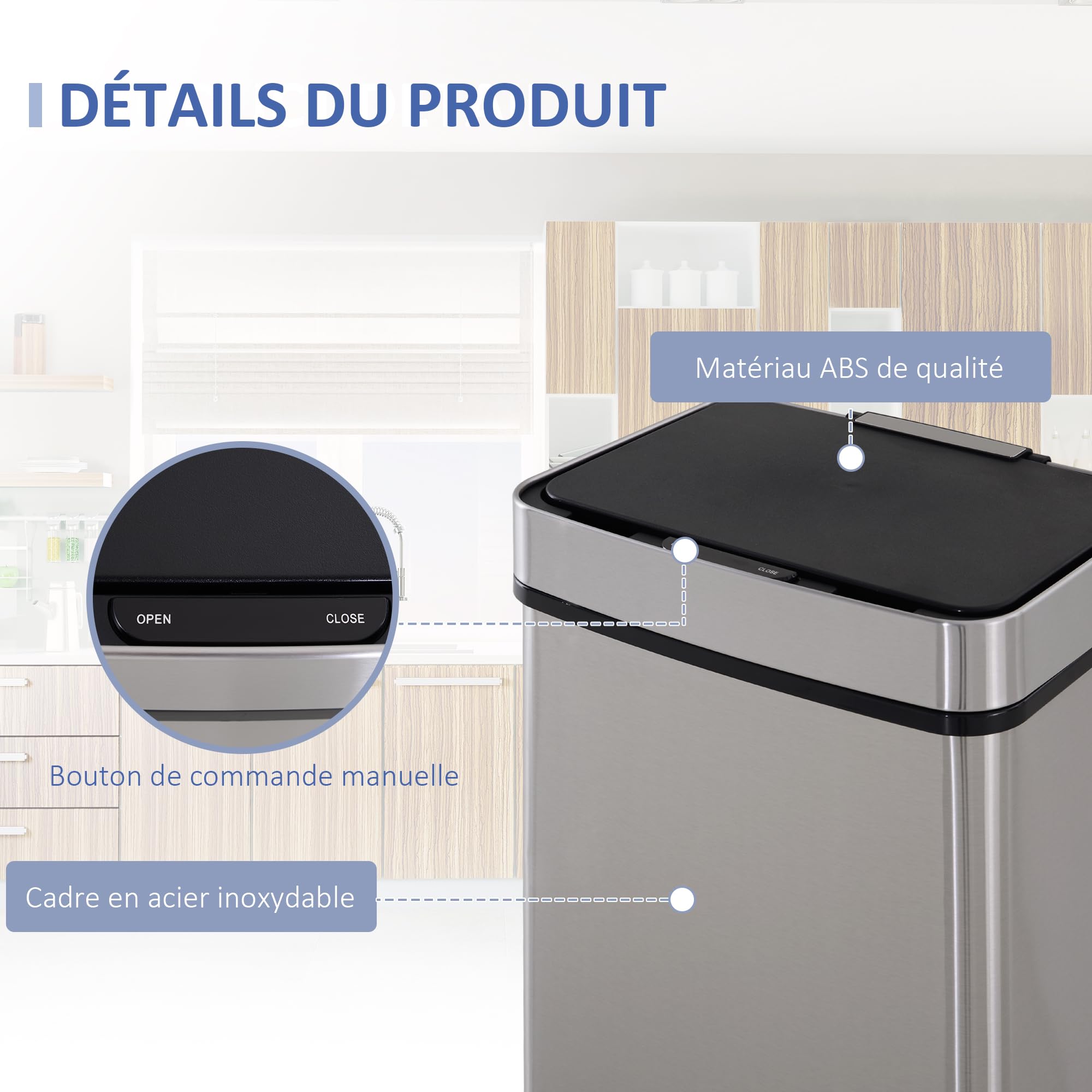 HOMCOM Poubelle de cuisine automatique Tri Sélectif 72L avec 3 compartiments - en acier inox - 42 x 30 x 81 cm