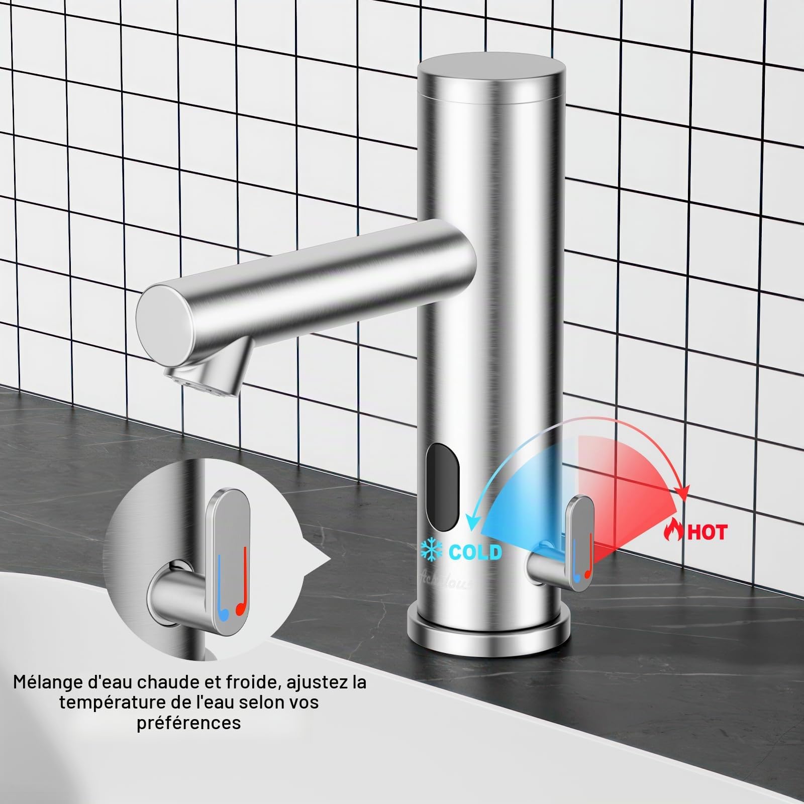 Achelous Robinet de lavabo automatique sans contact en acier inoxydable, robinet de lavabo avec capteur infrarouge mains libres avec contrôle de la température