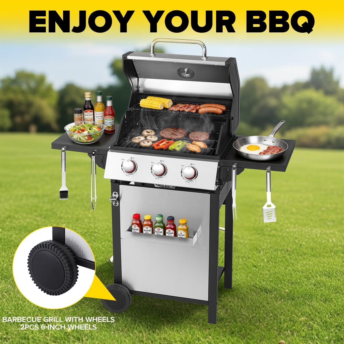 CIG GARDEN 3-Burner Propane Gas Grill with Foldable Side Tables & Cast Iron Grates - 31500 BTU Stainless Steel Portable BBQ Grill for Patio, Camping, Backyard Outdoor Cooking