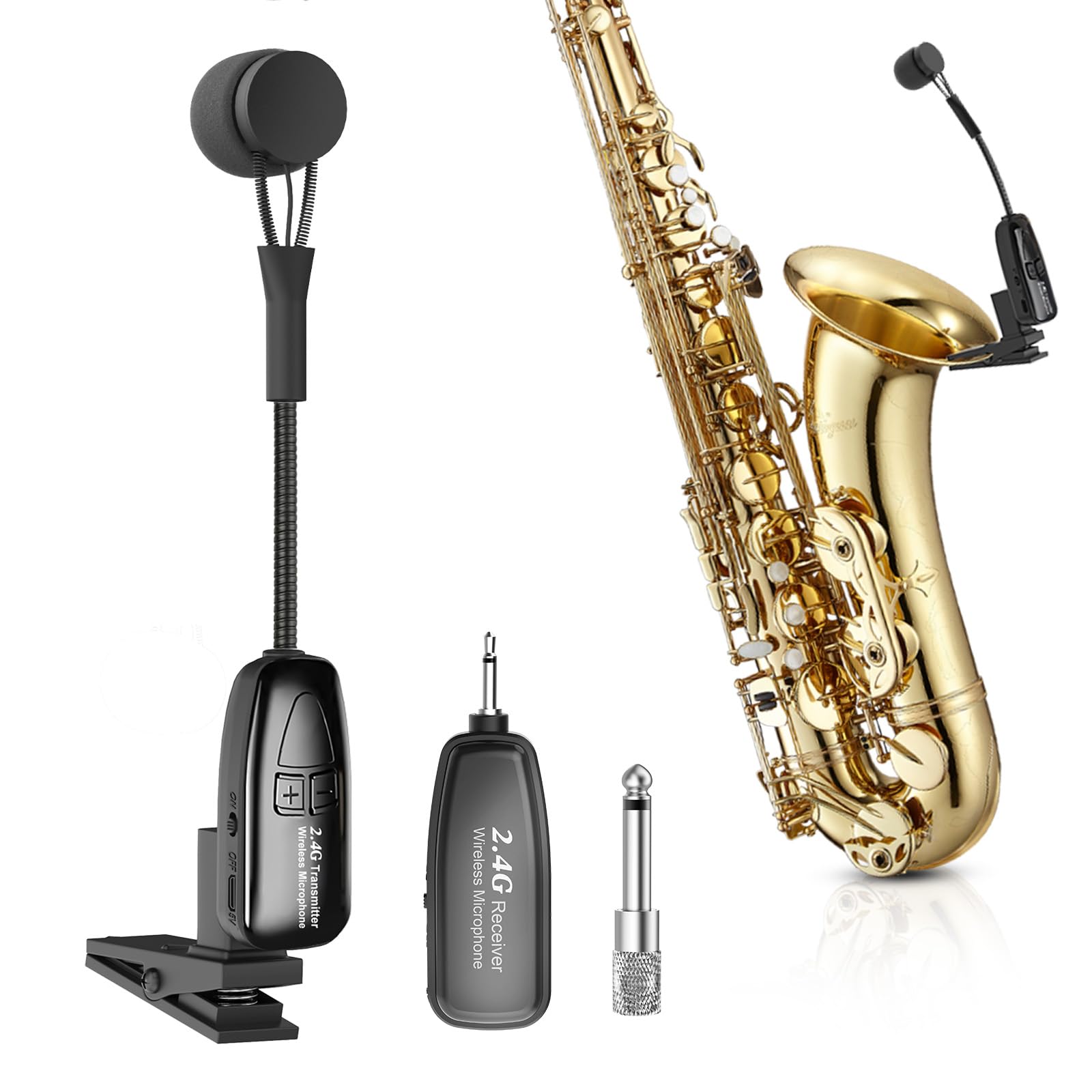 Microfono wireless per sassofono, microfono per strumenti a clip 2.4G, trasmettitore e ricevitore ricaricabile, portata 30,5 m, ideale per sassofono, tromba, tromba, trombone, cornetta, corno