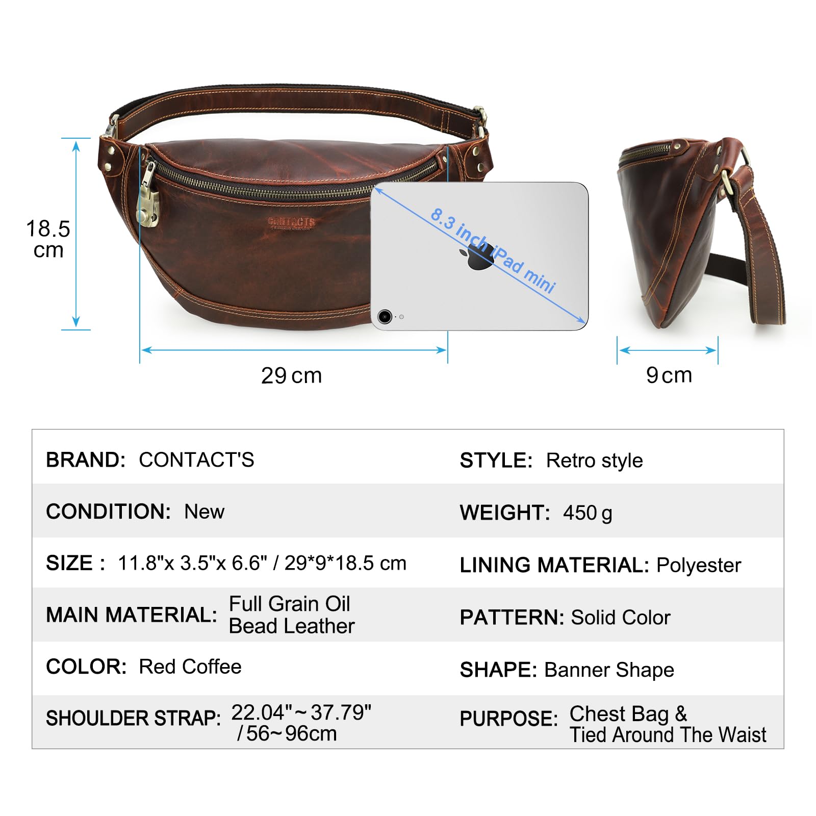 Contacts Bolso bandolera de piel auténtica para hombre, bolso cruzado pequeño para hombre, casual, riñonera, para ciclismo, senderismo, viajes, Coffee3.0, 30 cm x 9 cm x 17 cm
