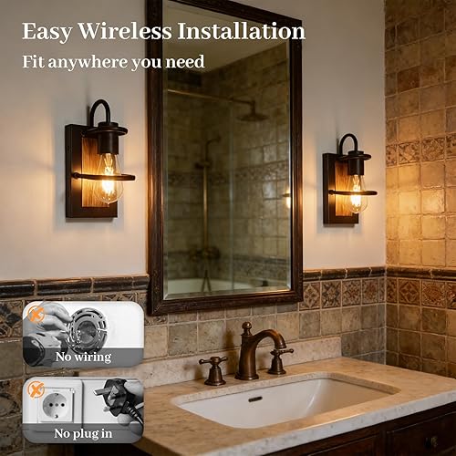 Miniatura 5 de Luces de pared vintage a pilas con acabado de madera sintética, lámpara de pared regulable, sin cableado, fácil de instalar, aplique de pared Madera