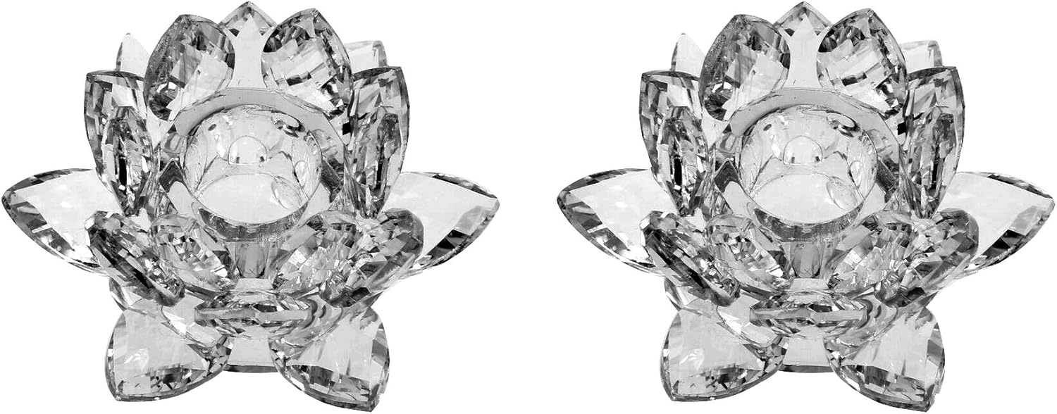 Amlong Crystal 3 inch Clear Lotus Candlesticks Holder, Set of 2