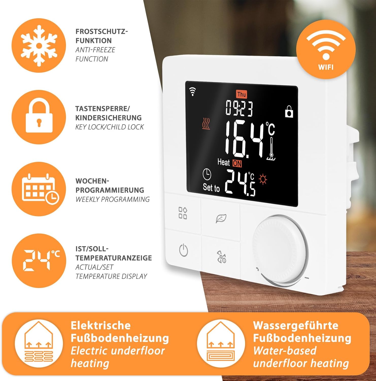 Mi-Heat WT8 Thermostat features including frost protection, key lock, weekly programming, and temperature display