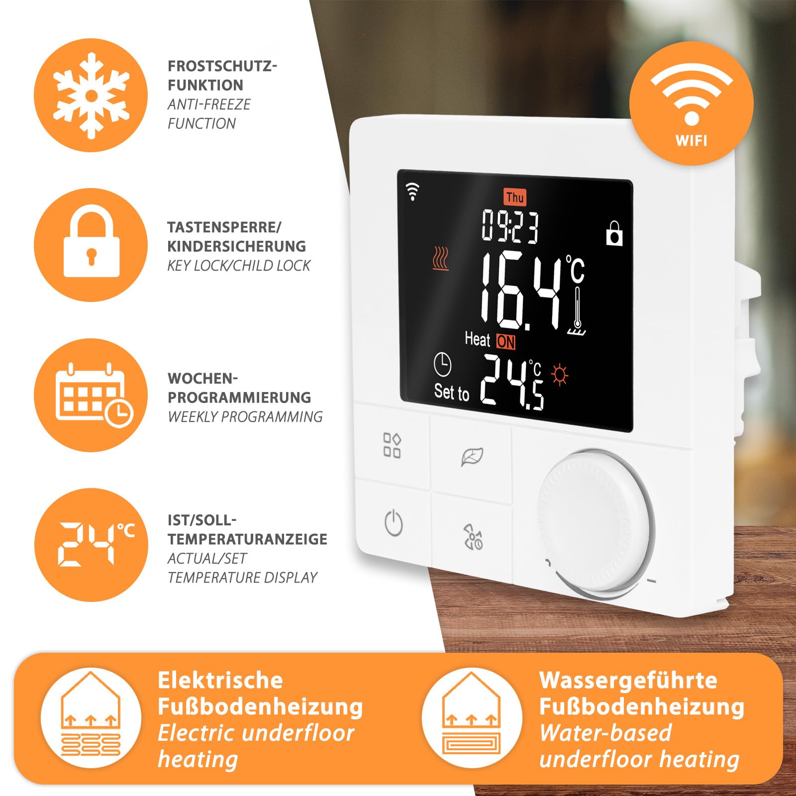 Calefacción eléctrica por suelo radiante 130 W/m² – Juego completo de 5,0 m² con termostato inteligente WiFi – calefacción por suelo radiante eléctrico para laminado, parqué, vinilo sobre placa de