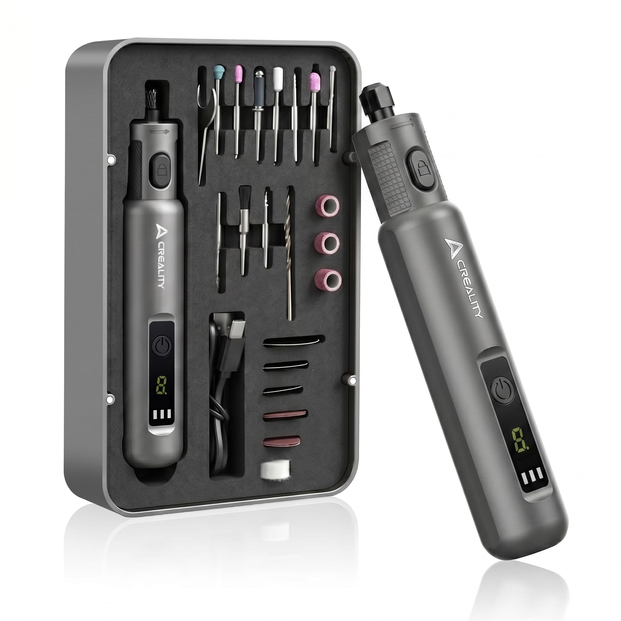 Creality Utensile Rotante Senza Fili, Mini Smerigliatrice Cordless a 6 Velocità (10000-18000 RPM) con 24 Accessori e Luce LED, Kit 3.7V per Finitura Stampe 3D, Modellismo, Incisione e Fai da Te