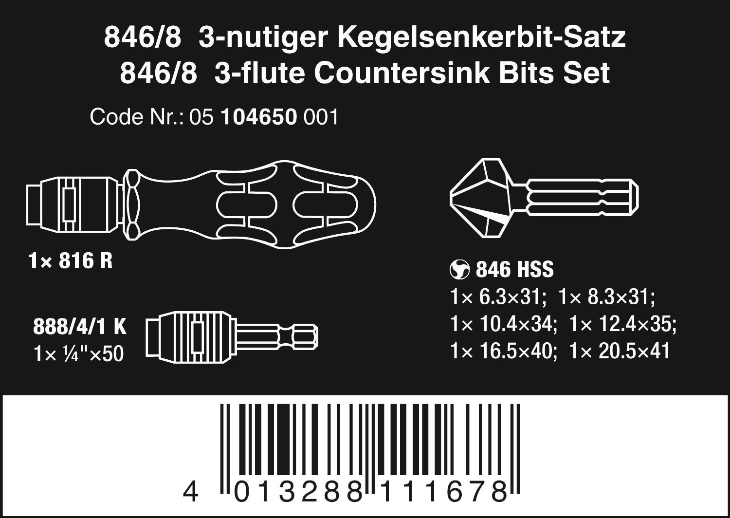 Wera 05104650001 Juego de Avellanadores cónicos, Set de 8 Piezas