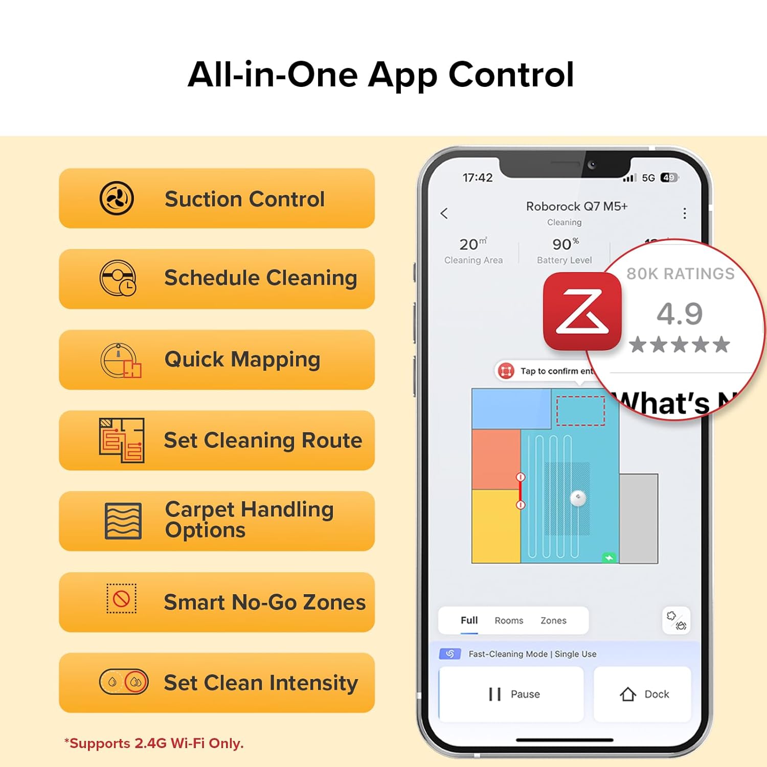 Roborock Q7 M5+ app interface showing various control options