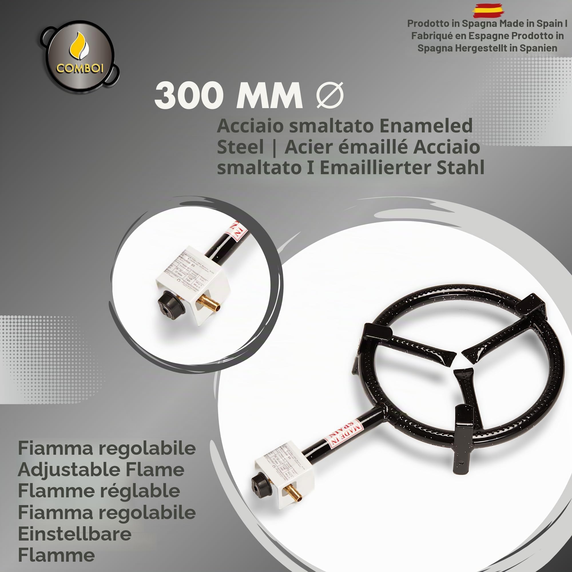 COMBOI Paellero gas butano kit bruciatore 30 cm, paellera 42 cm, supporto a 3 gambe, livello, grembiule, ricettario digitale