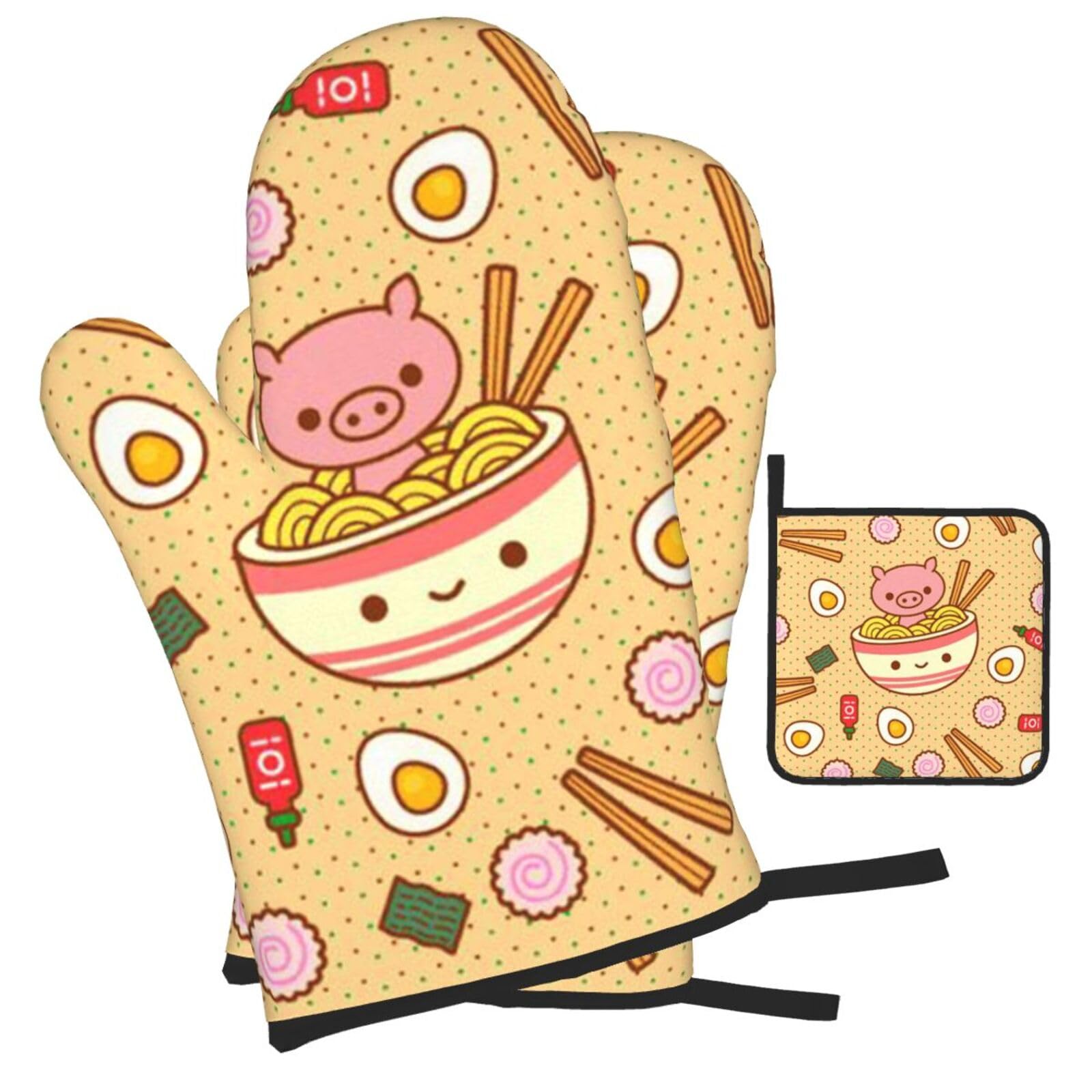 Delicious Sweet Ramen Printed Oven Mitts and Pot Holders Heat Resistant Set of 3 Pcs, Modern Kitchen Gloves & Potholders for Cooking Baking Grilling