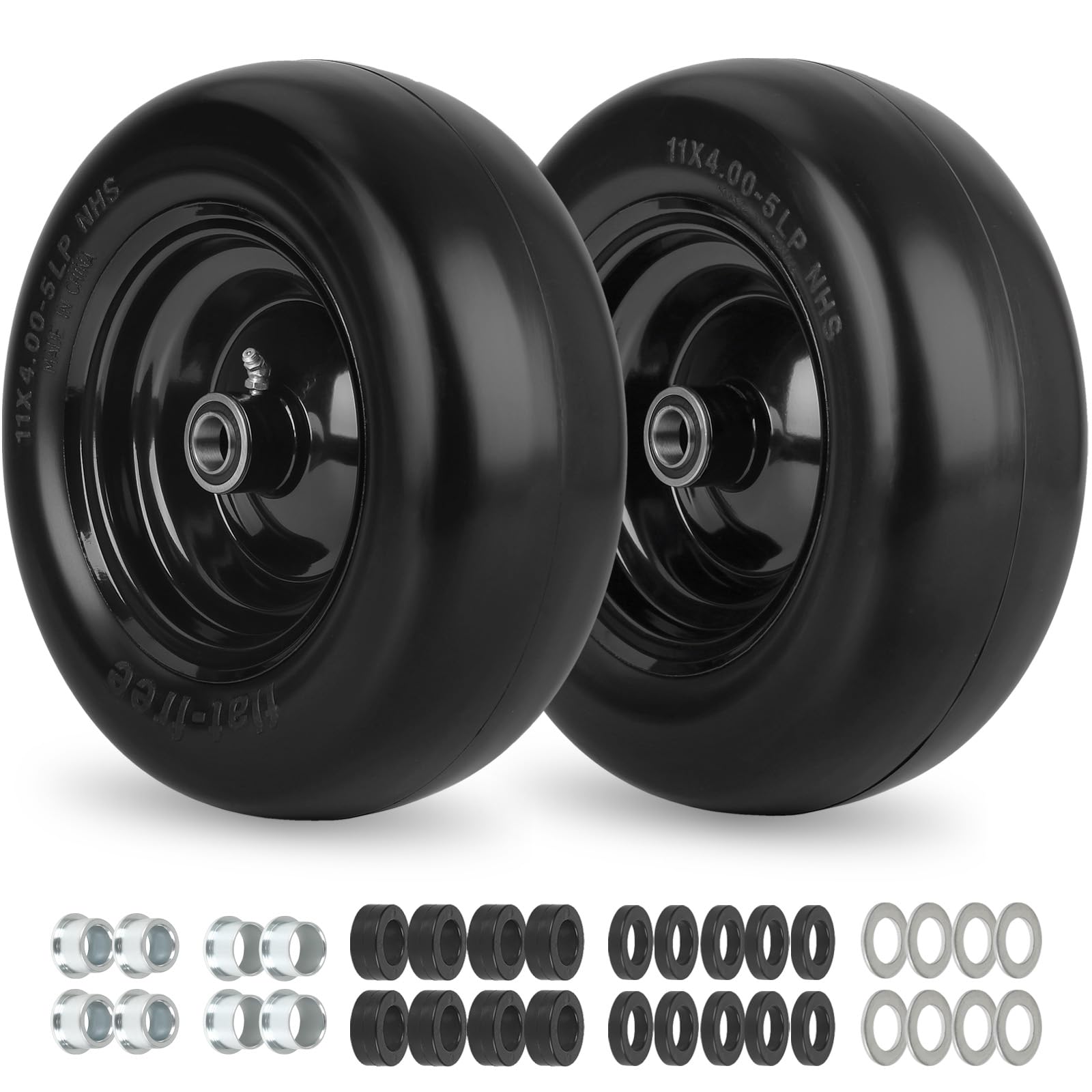 Neumático y rueda para cortacésped de 11 x 4.0 a 5 pulgadas con bujes centrados de 3/4 o 5/8 pulgadas, bujes de 3.4 a 4 a 4.5 a 5 pulgadas, neumático de banda de rodadura suave para cortacéspedes de