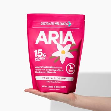Designer Wellness, Aria, Women's Wellness Low Calorie Vanilla Protein Powder with Biotin, Vitamin C and Organic Aloe, Vanilla Blossom, 1.85 Pound