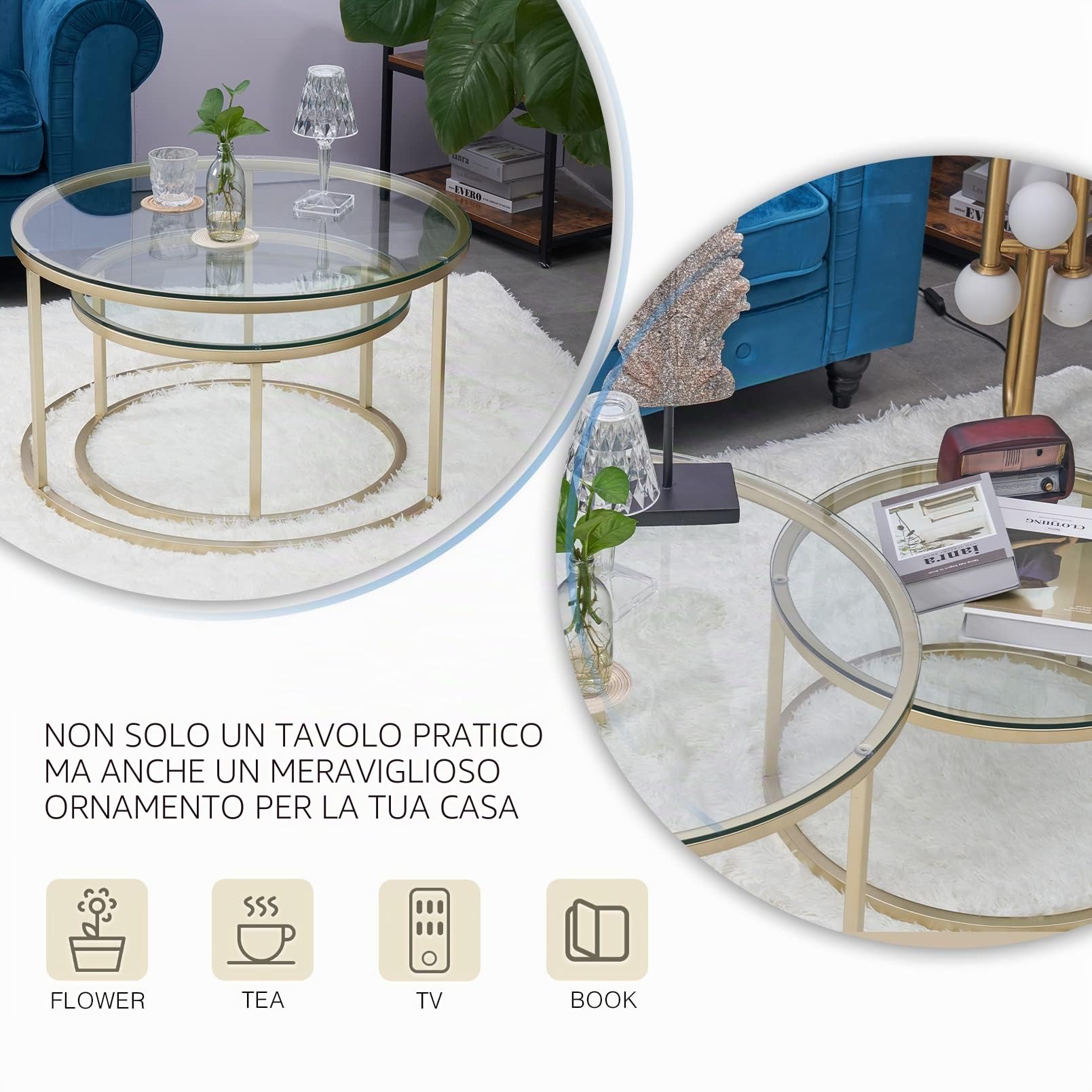 Huuryoudo Set di 2 tavolini da salotto, in vetro dorato con struttura in metallo, per balcone, divano, tavolo con piccolo tavolo da salotto, piano in vetro dorato