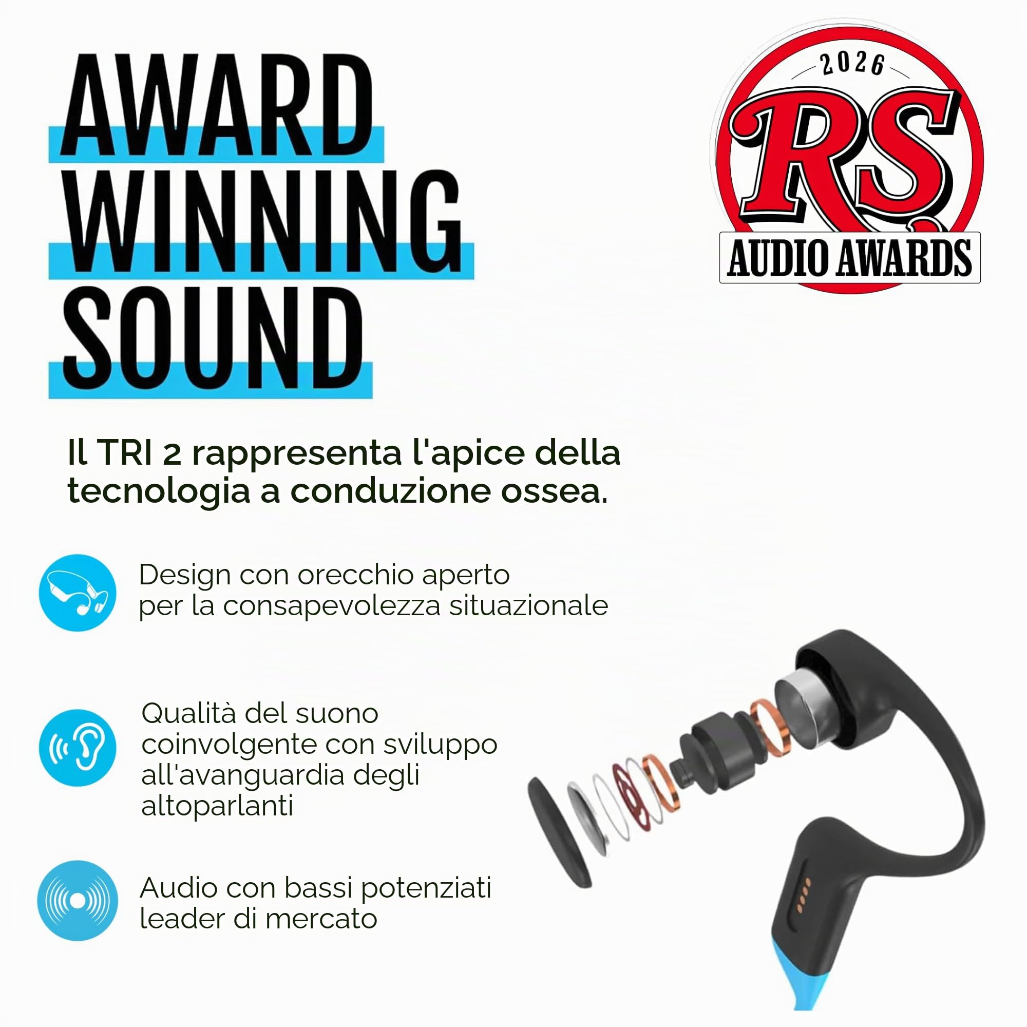 H2O Audio TRI 2 Multisport Impermeabile Conduzione Ossea Cuffie Aperte Bluetooth 5.3 per Corsa e Ciclismo, Modalità MP3 per Nuoto, Memoria 8 GB, Batteria 8,5 ore, Nero