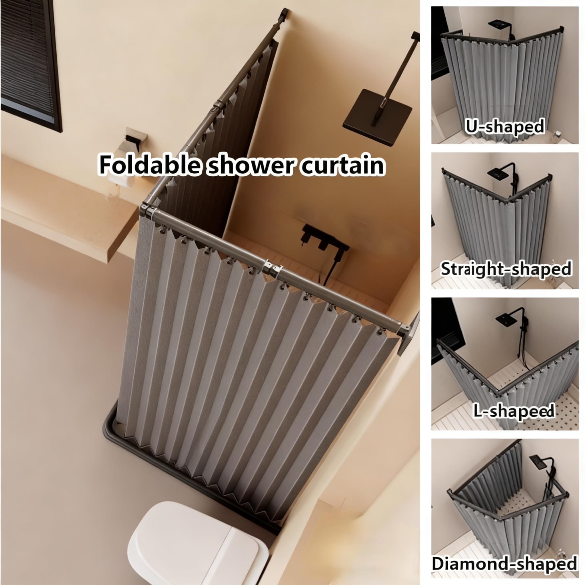 Barra de cortina de ducha plegable con forro, ahorro de espacio sin taladrar para bañera o soporte, montaje en pared fijo, 70.8 x 78.7 pulgadas, fácil instalación