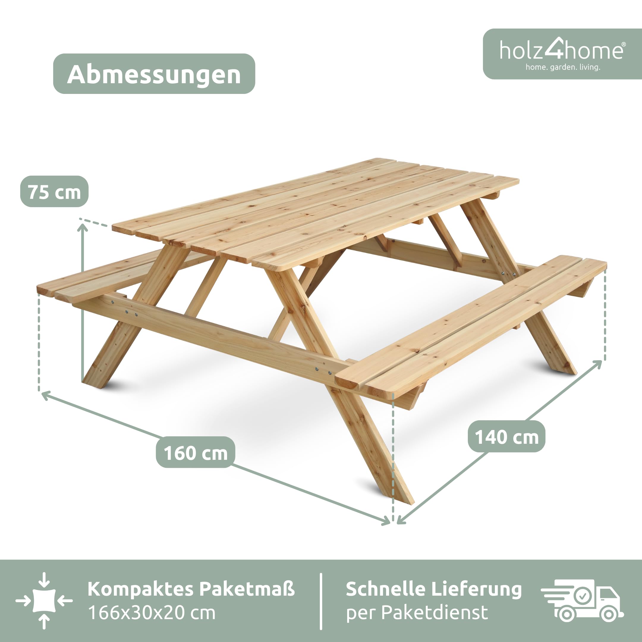 holz4home® Picknickbank aus Holz I Outdoor Sitzbank mit Tisch I Picknicktisch Massivholz Gartenmöbel I Naturholz Sitzgruppe Tisch mit Bänken I Für Garten Terrasse Gastronomie (140 cm)