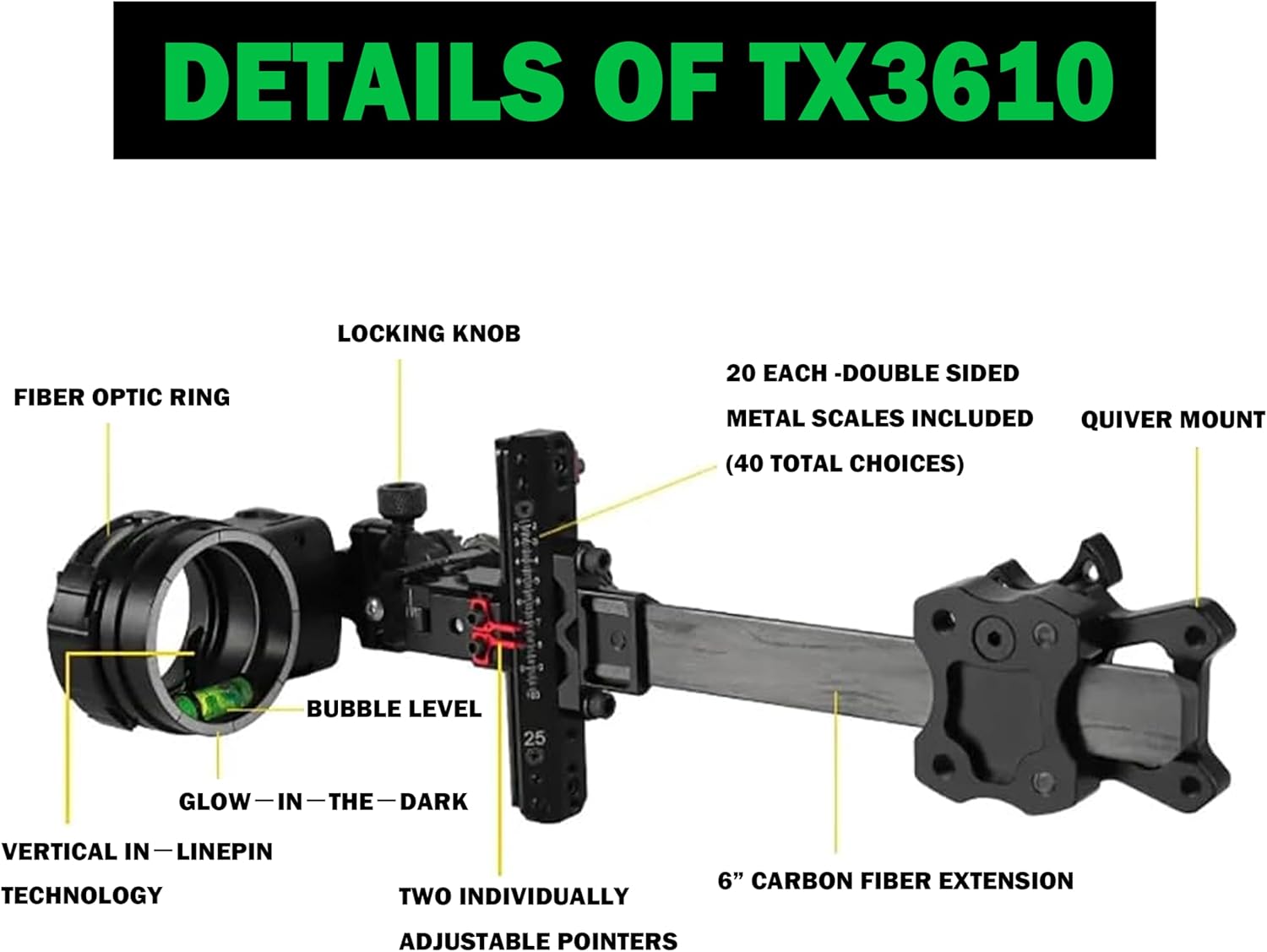 Compound Bow Sight 1 Pin,LH/RH, 4X 6X 8X Lens, 0.019" Fiber, Carbon Fiber Long Bar, T Shape Target Micro Adjustable Sight High-end Competitive Outdoor
