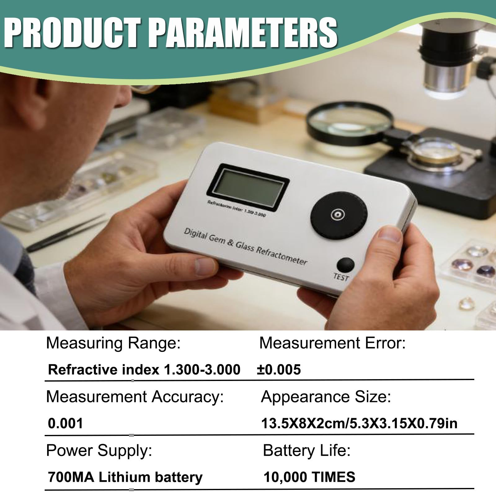 Digitales Edelstein-Refraktometer, Schmucktester, Identifikationswerkzeug, 700 mAh Akku, 10.000 Tests, zum Testen von Schmuck, Jade, Kristallen