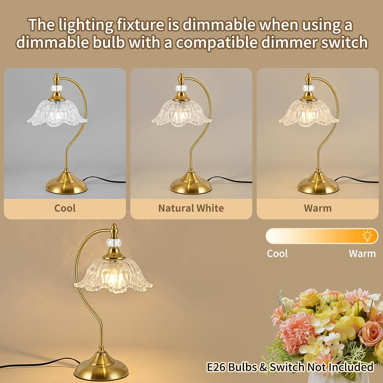 Gold Table Lamp with a Floral Clear Glass Shade, A Plug-in Nightstand Lamp in Brushed Gold Finish for Bedroom, Living Room,Office, and Desk