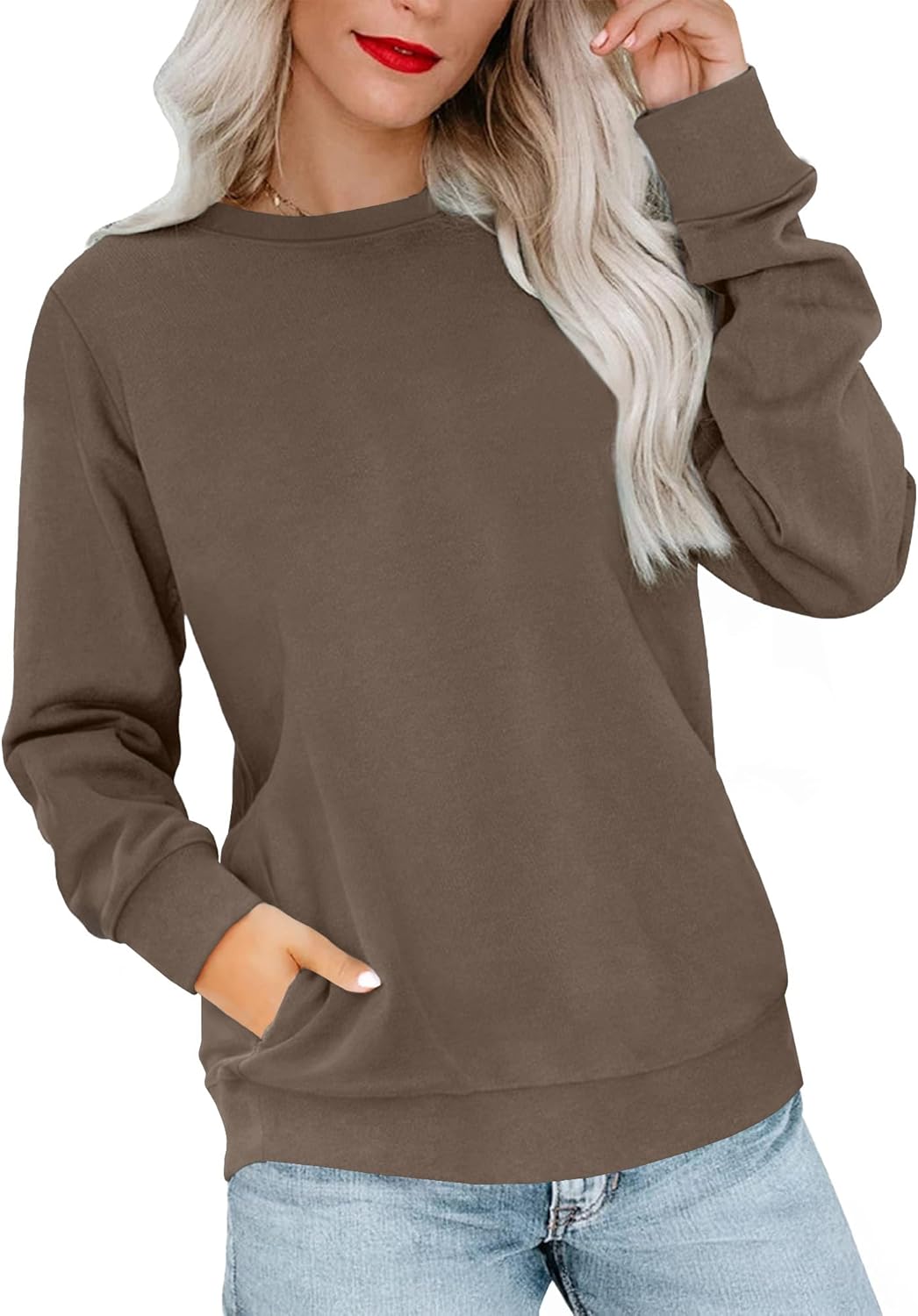 RUMIA Crewneck Fall Sweatshirts for Women Trendy- Women's Plain Long Sleeve Pullover Tops with Pockets Fashion - Image 2