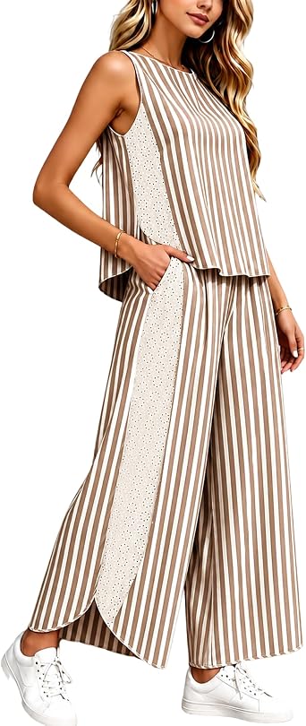 Yeokou Womens Striped Lounge Set 2 Piece Summer Travel Vacation Sets Sleeveless Tops and Wide Leg Pants with Pockets