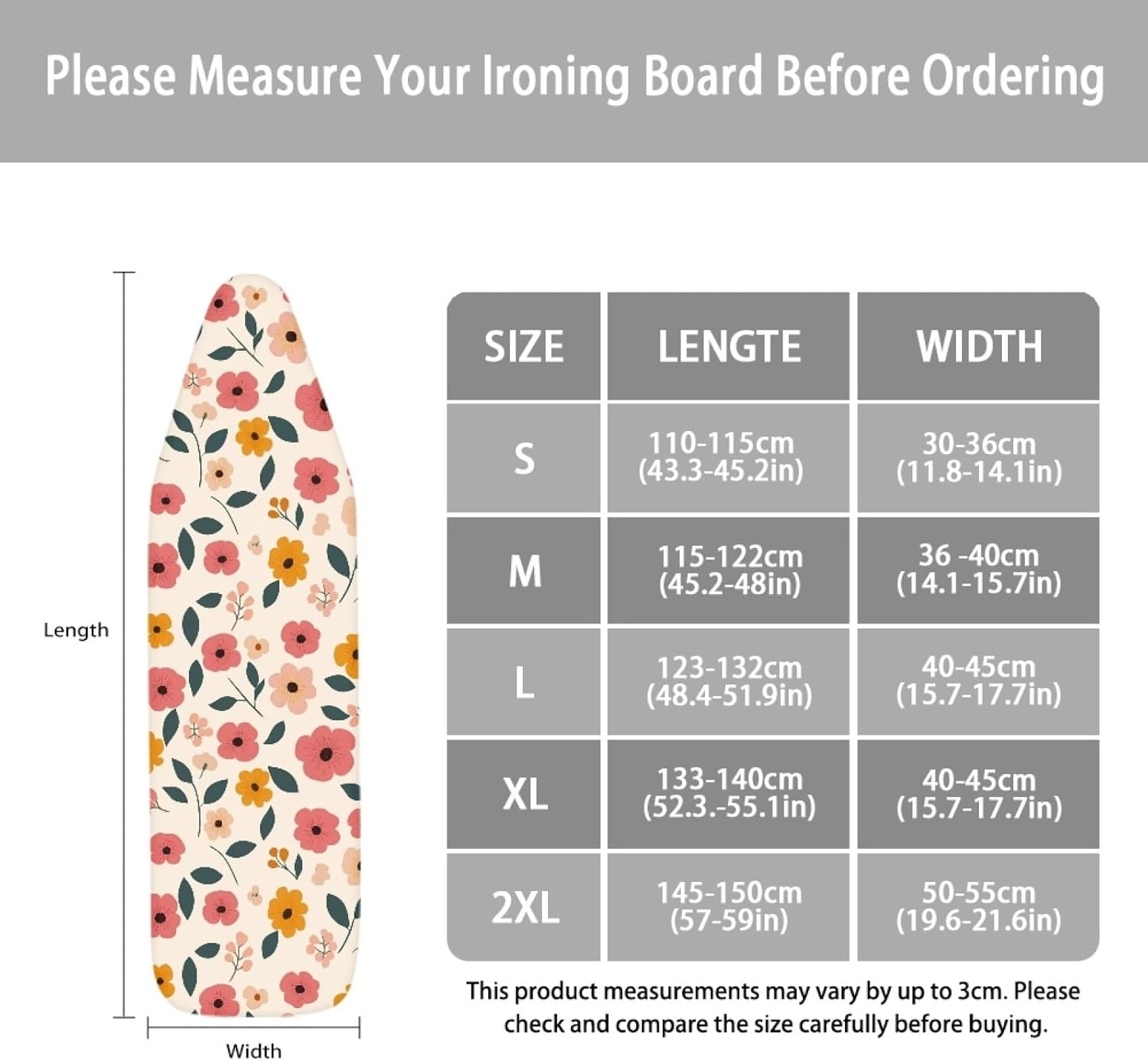 Large Ironing Board Cover and Pad 59x19 Pink Yellow Floral Iron Table Cover with Padding,Extra Wide,Resist Scorching and Staining,Heatproof,Adjustable Fastener Durable Stain