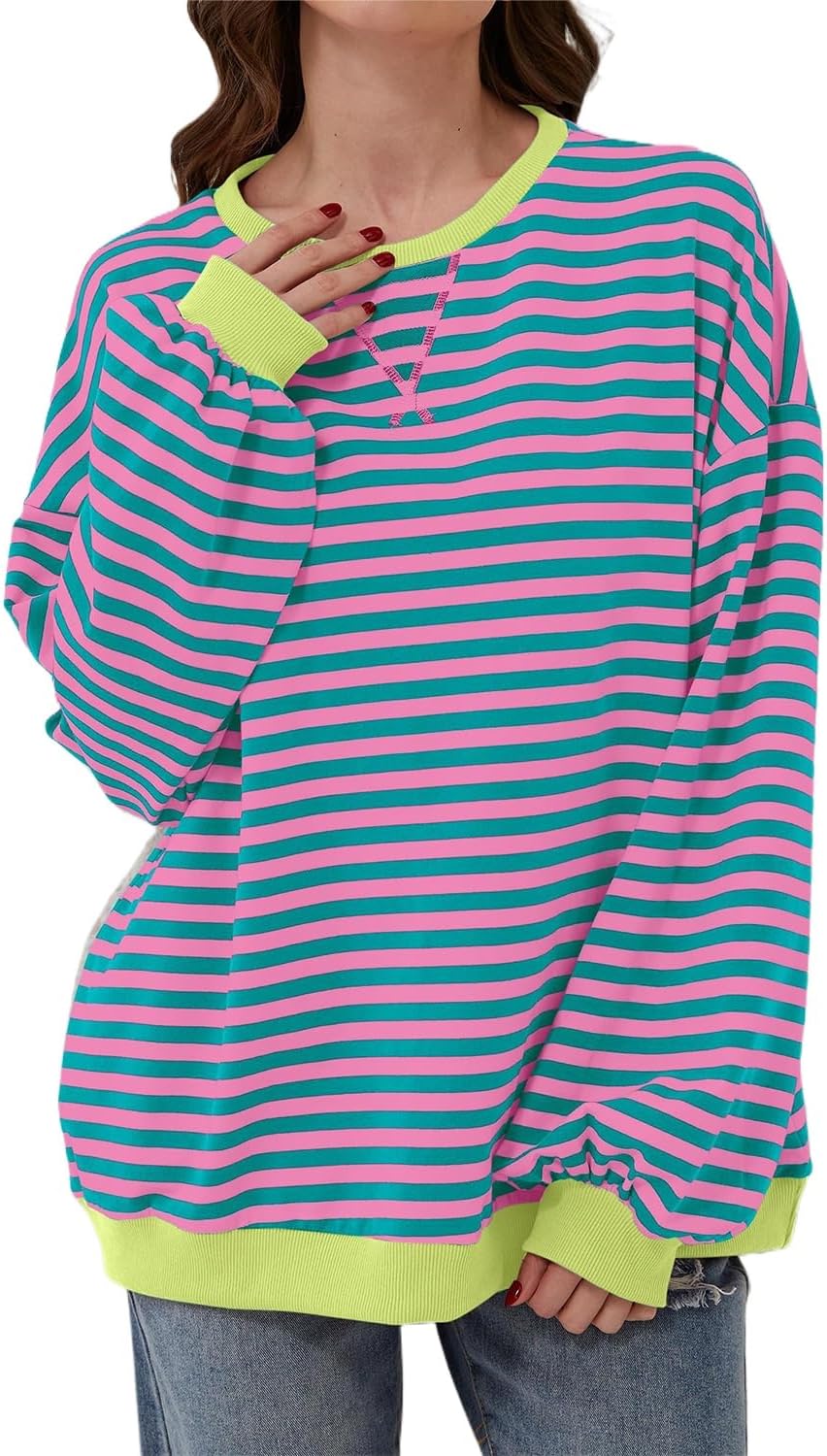 Casual Long Sleeve Sweatshirt: Black Stripe, Oversized Fit