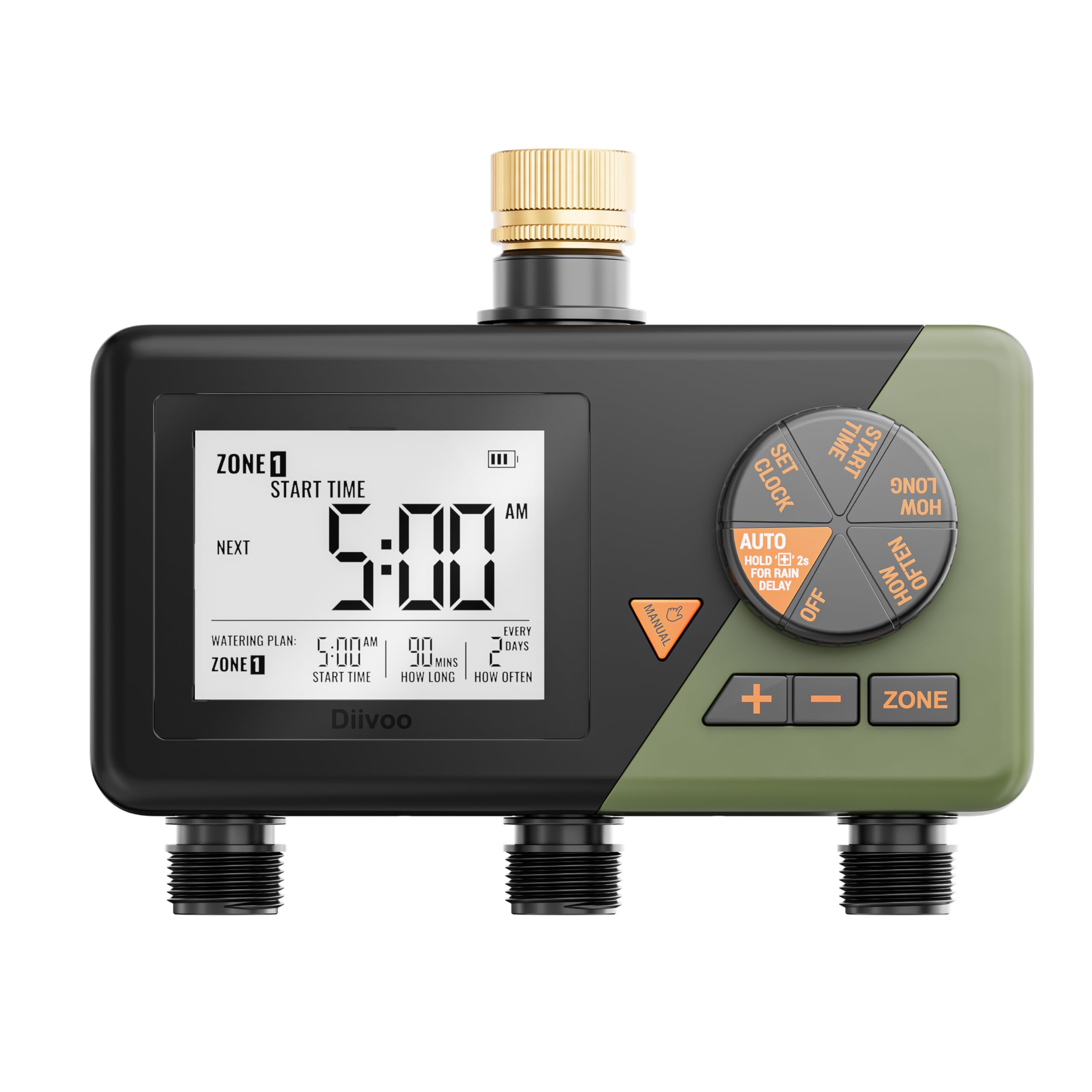 Diivoo Black Sprinkler Timer 3 Zone, Water Hose Timer 3 Outlet For Garden With Brass Inlets, Programmable Automatic Irrigation Timer With Rain Delay And Manual/Auto Mode Watering For Lawn, Yard, Pool