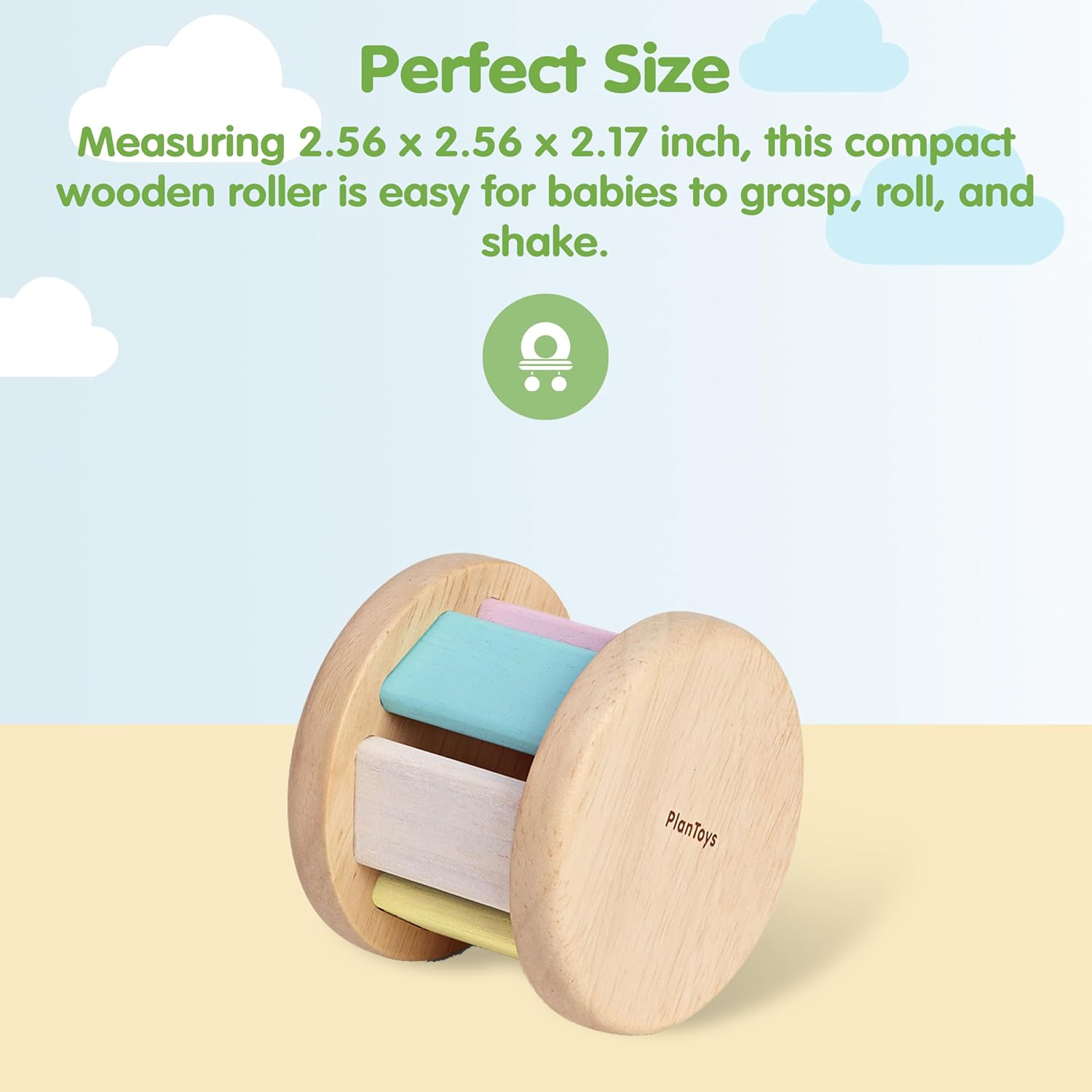 PlanToys® Pastel Wooden Roller Toy for Babies | Montessori Sensory Toy with Gentle Rattle Sound | Eco-Friendly Crawling & Motor Skill Toy for Infants 6+ Months