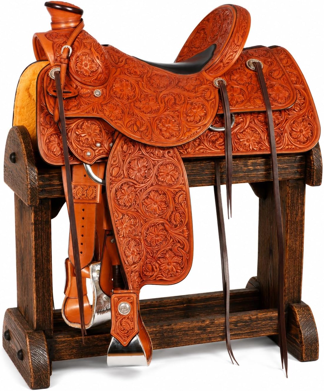 Wade Tree A Fork Roping Ranch Work Horse Saddle Handmade Tooled Carved Premium Leather Western Equestrian Trail Tack Adult & Pony Horse Riding Saddle, Size: 10-18 inch Seat, WD-95