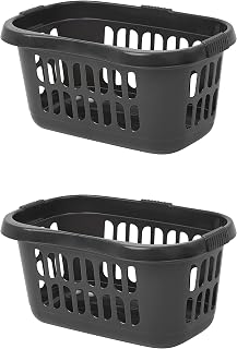 Set of 2 Plastic Upcycled Midnight Grey/Dark Grey Hipster Laundry Basket | Washing Clothes High Grade Linen Storage Bin Tidy
