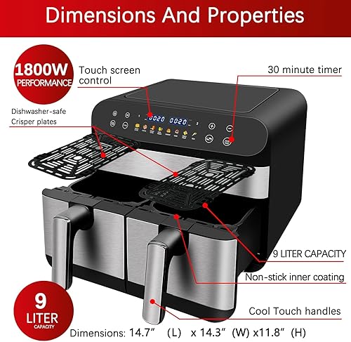 Miniatura 2 de Freidora de aire de doble cesta de 9.5 cuartos de galón, freidora digital grande de doble zona, 2 cajones, preajustes de cocción 8 en 1, con acabado
