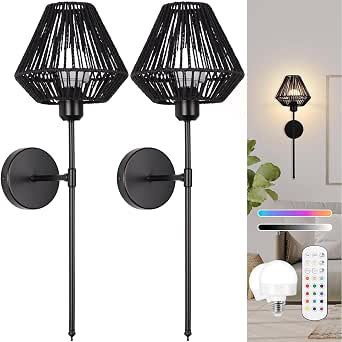 Battery Operated Wall Sconces Set of 2, Rattan Rechargeable Dimmable Wall Lights with Remote, 15 Color Options, Timer, Wireless for Bedroom and Living Room