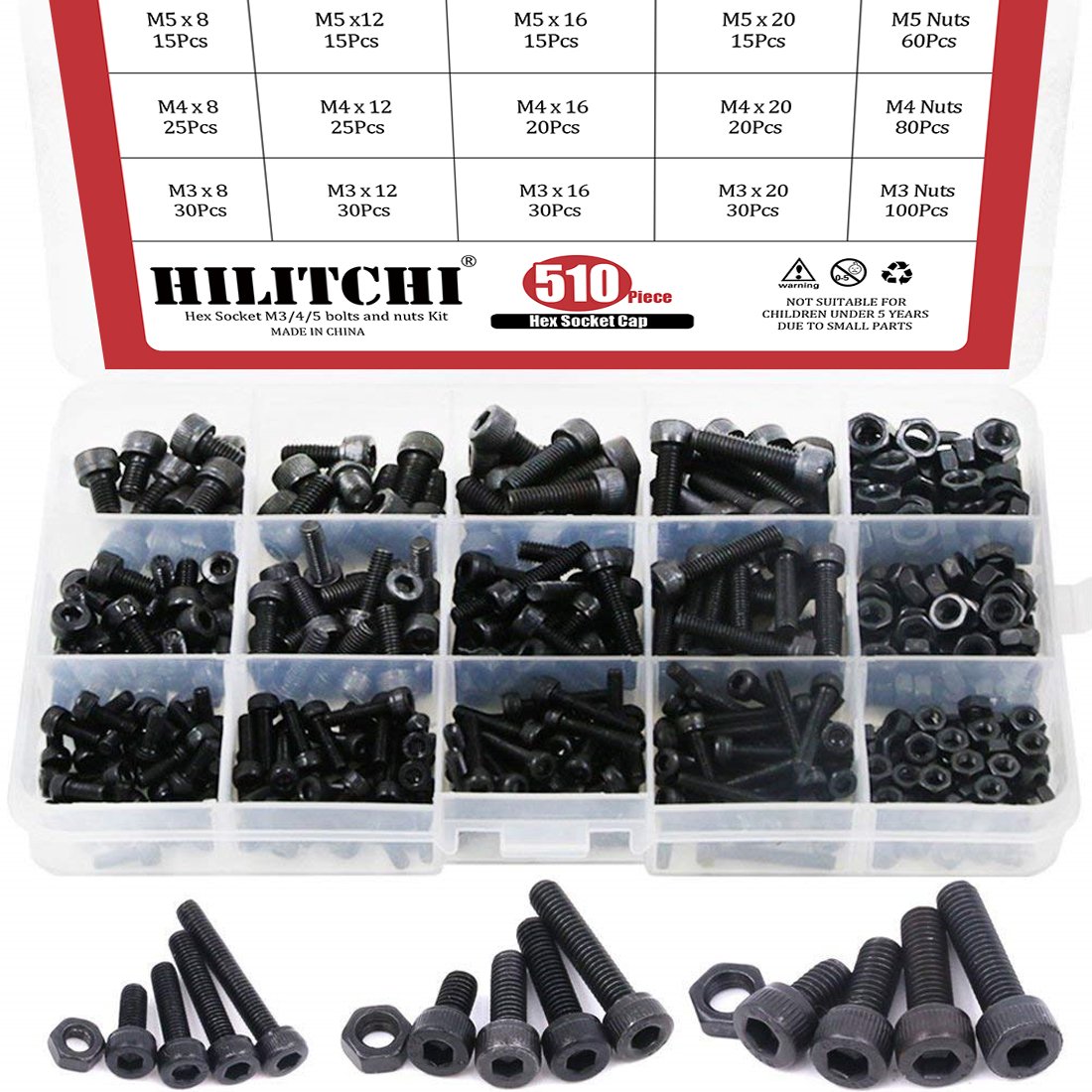 Black Friday - 60% OFF Hilitchi 510-Pcs M3 M4 M5 Alloy Steel Socket Cap Screws Hex Head Bolt Nuts Assortment Kit - 12.9 Grade Alloy Steel (Hex Socket) Weekly Top Sale Hilitchi 510-Pcs M3 M4 M5 Alloy Steel Socket Cap Screws Hex Head Bolt Nuts Assortment Kit - 12.9 Grade Alloy Steel (Hex Socket)