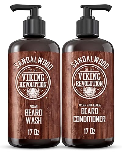 Vista 9 de Viking Revolution Juego de acondicionador para barba y lavado de barba con aceites de argán y jojoba, suaviza y fortalece, aroma natural de sándalo