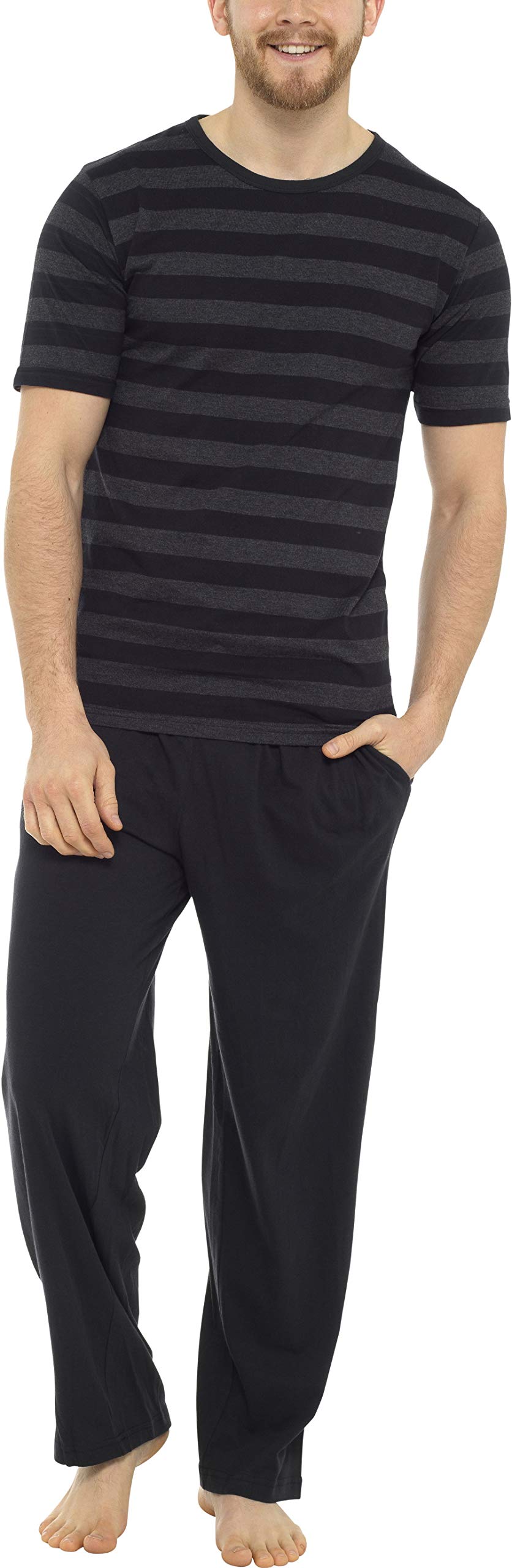 Tom Franks Men's Grey & Black Stripe Cotton Jersey Long Pyjamas Large