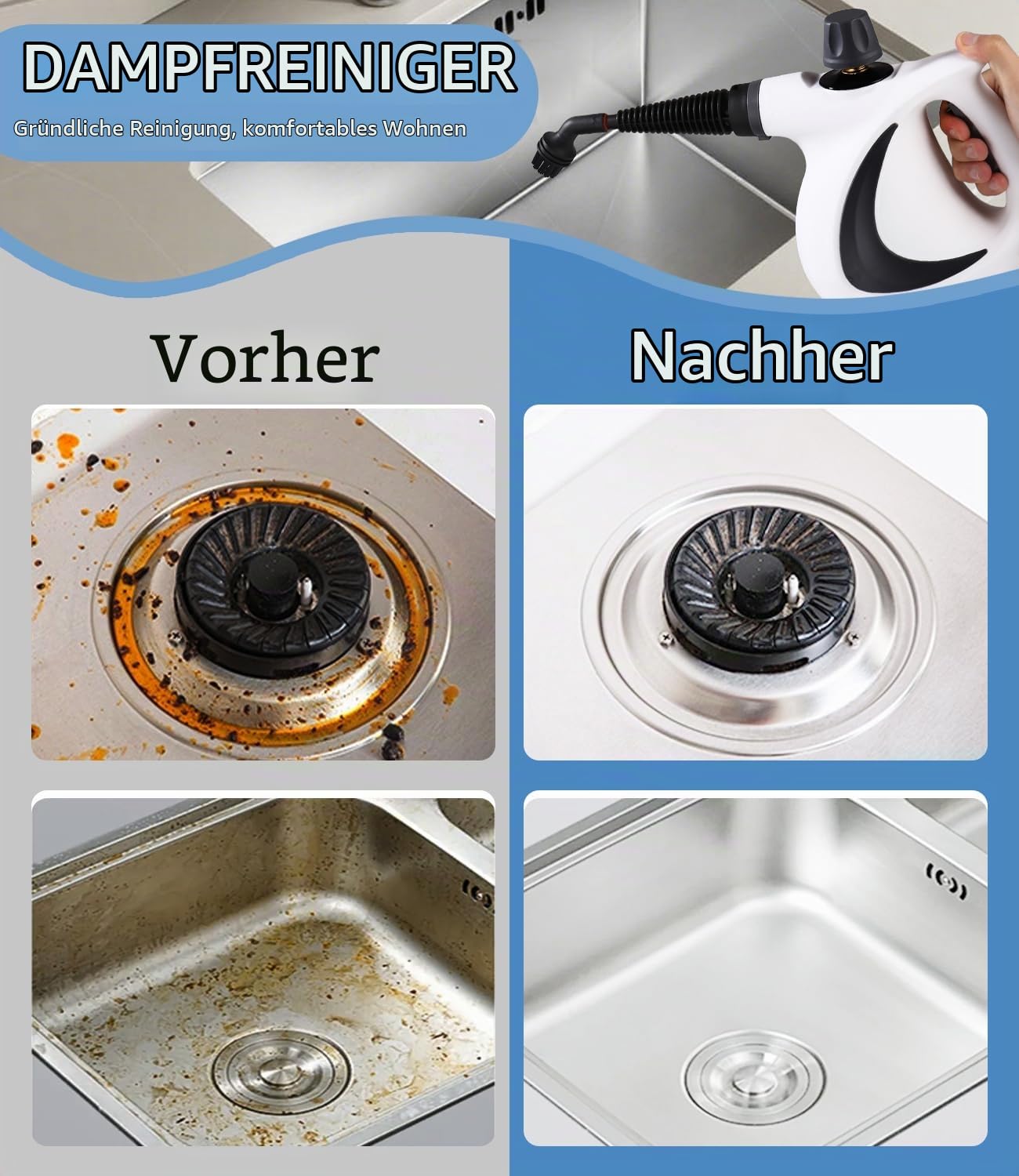 Dampfreiniger, 1050 W Dampfreiniger Handgerät mit 12 Zubehör, 3,2 bar Dampfdruck Hand Steam Cleaner, Multifunktional Handdampfreiniger für Alles Boden Küche Badezimmer Fenster Auto Sofa Teppich