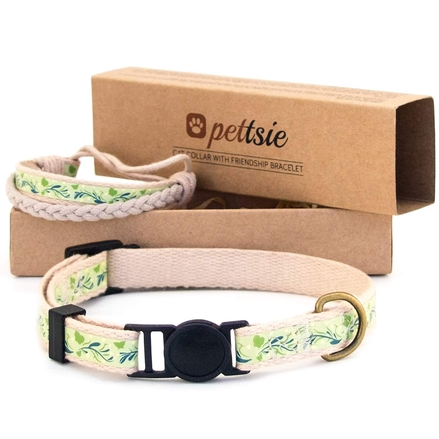 Pettsie Breakaway Cat Collar & Matching Friendship Bracelet – Adjustable, Soft Cotton Collar for Cats, Quick-Release Safety Buckle, Lightweight, Stylish, Designed for Cat Lovers, Green