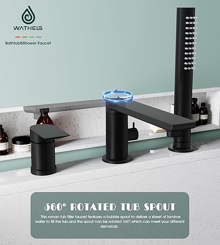 Miniatura 3 de Grifo de bañera romano moderno negro mate con boquilla giratoria de 360°, grifo de bañera de montaje en cubierta con ducha de mano, grifo de llenado