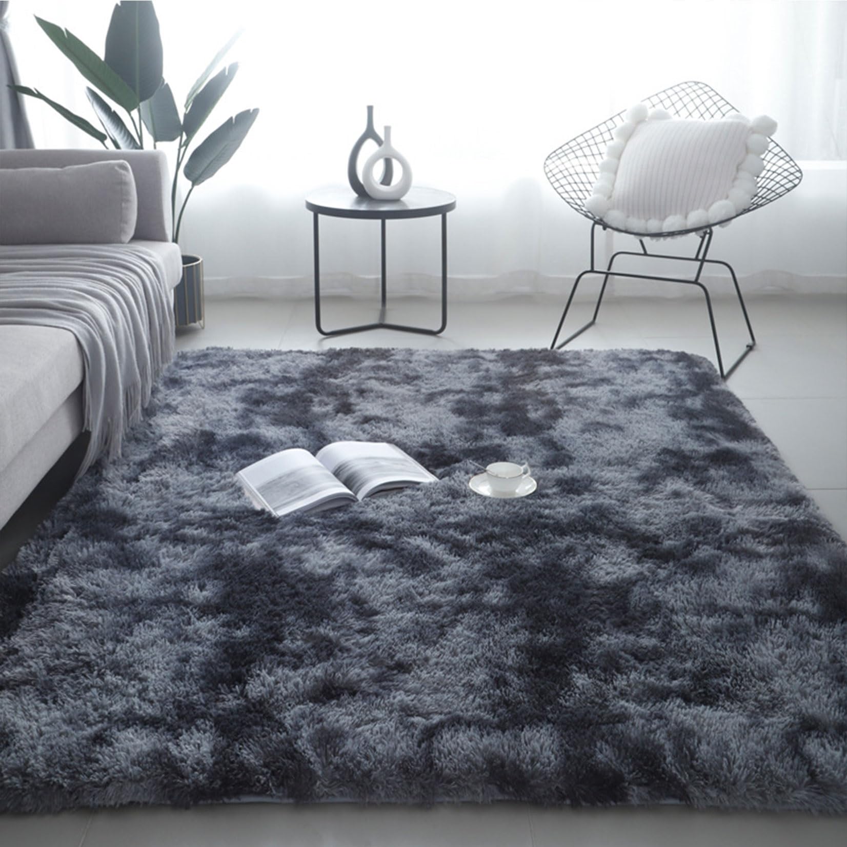 Tapis shaggy moelleux 240 x 260 cm moderne gris foncé haute densité pour bureau