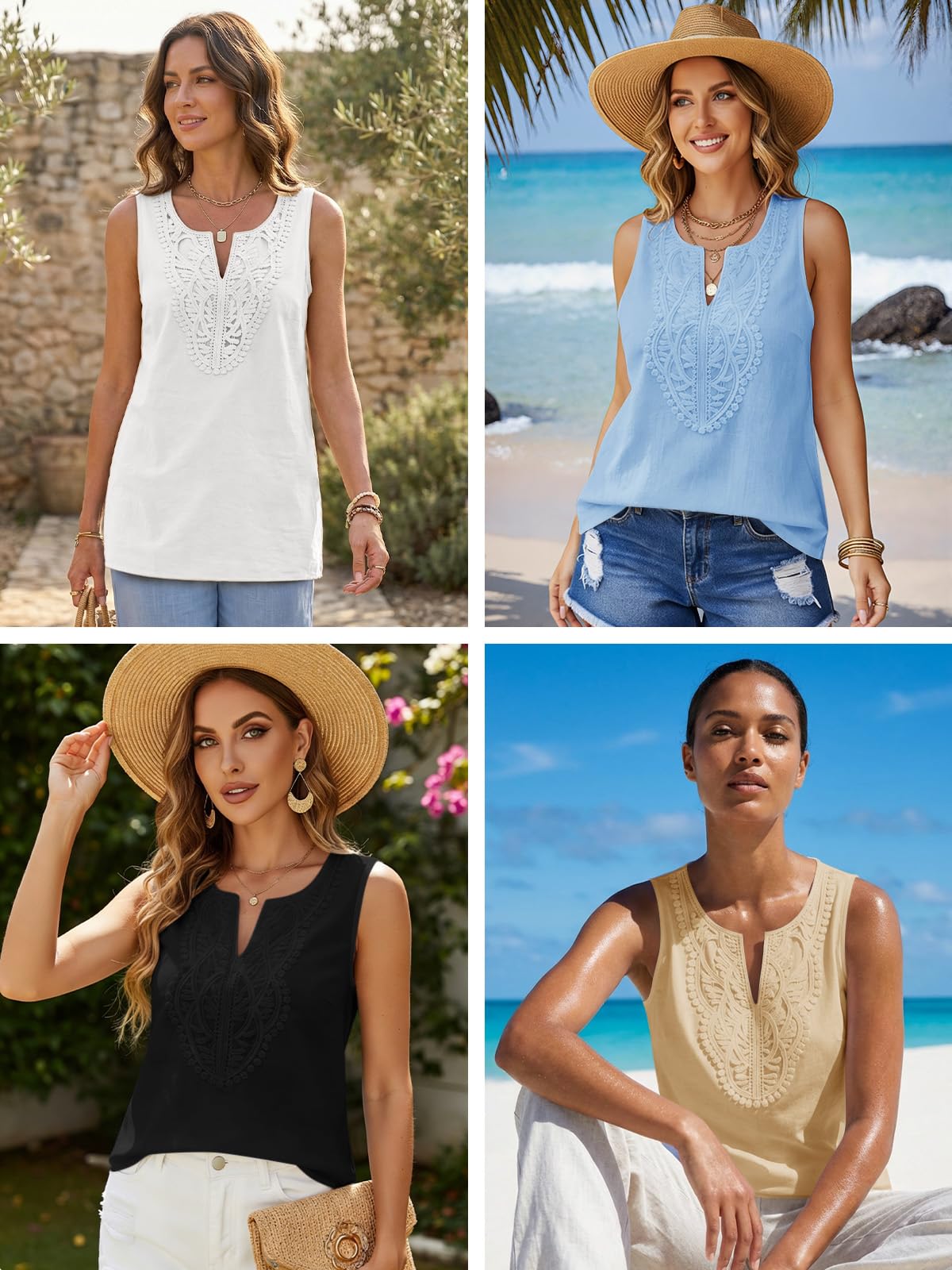 Yousify Womens Tank Tops 2026 Summer V Neck Sleeveless Cotton Linen Shirts Loose Fit Lace Boho Blouse Clothes — view 6