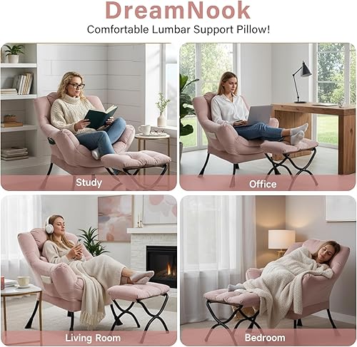 Miniatura 6 de Silla Lazy con otomana, silla decorativa moderna con almohada lumbar, sillas cómodas con reposapiés plegable para dormitorio, lectura, sillas de