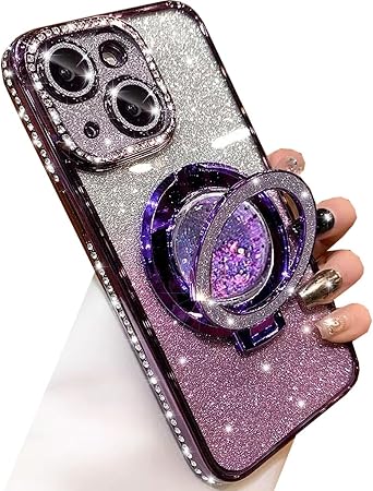 Changjia Glitter Kickstand Case for iPhone 15, Luxury Bling Sparkly Diamond Rhinestone with Camera Lens Protector Liquid Flowing Ring Stand TPU Bumper Slim Women Girls Case for iPhone 15 6.1" Purple