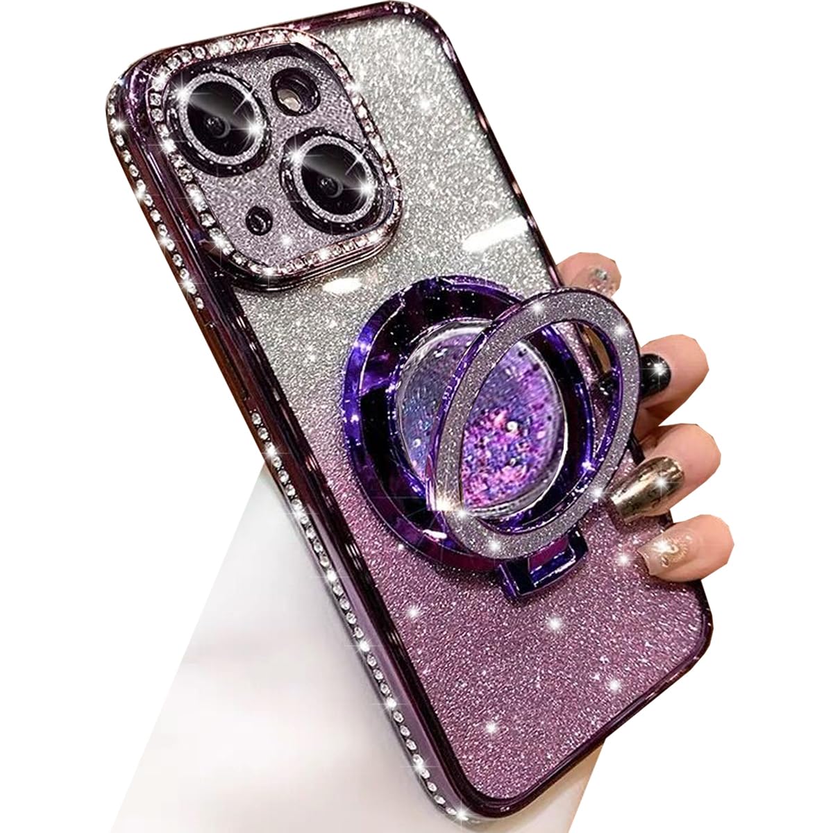 Changjia Glitter Kickstand Case for iPhone 15 Plus, Luxury Bling Sparkly Diamond Rhinestone with Camera Protector Liquid Flowing Ring Stand TPU Bumper