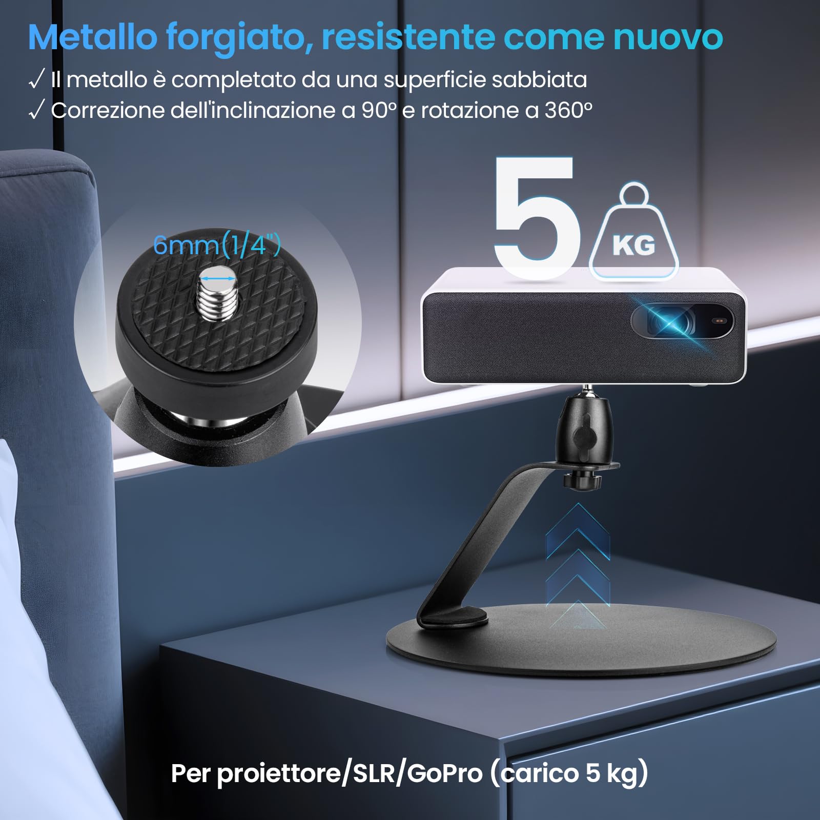 Porta Proiettore Da Tavolo, Supporto Proiettore Tavolo Con Interfaccia A Vite Da 1/4 Di Pollice, Supporto Proiettore Con Rotazione A 360°, Per Home Cinema, Sala Giochi, Ufficio (B)