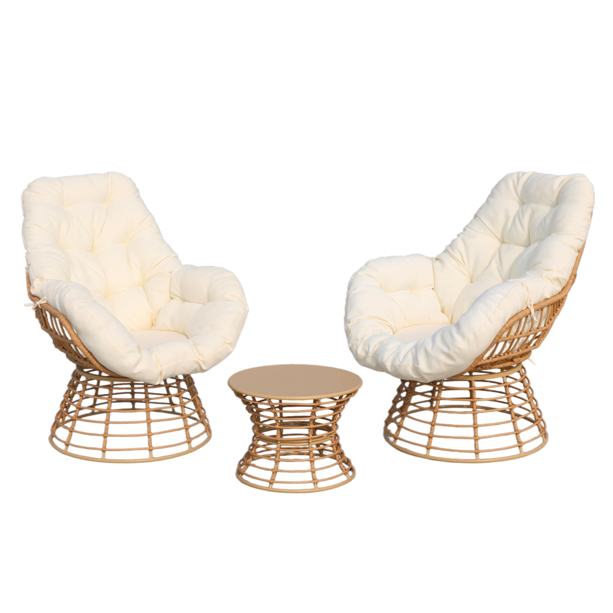 VIXLON Swivel Chairs for Outside Patio Set of 3, 360 Degree Swivel Pe Wicker Luxury Lounger Chair with 20" Side Table, Soft Cushion and Durable Frame, for Apartment Balcony