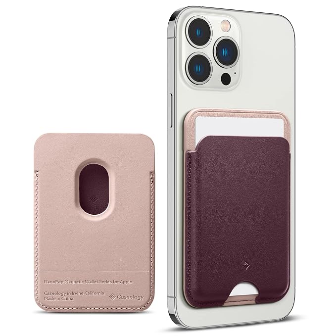 CASEOLOGY by Spigen Nano Pop Magnetic Leather Wallet Card Holder Compatible with MagSafe, Designed for iPhone 17, 16, 15, 14, 13, 12 Series - Burgundy Bean